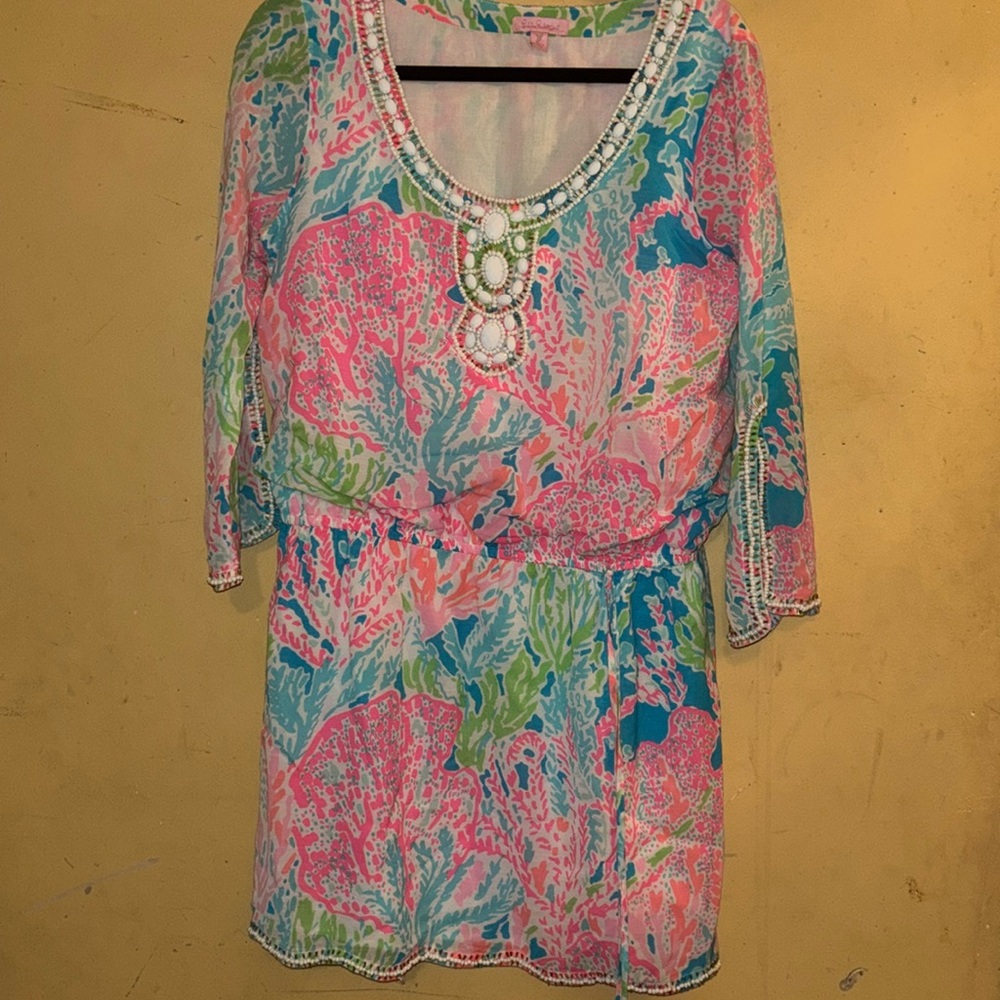 Lilly Pulitzer Delisa Caftan Beaded Dress let’s cha cha medium NWOT